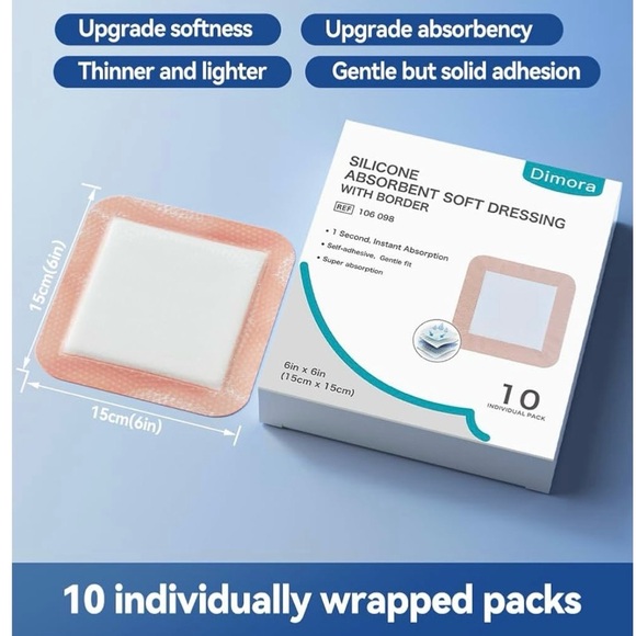 Dimora Silicone Wound Dressings Super Absorbent 10 Pack 6” x 6” Soft Wound Care - Picture 2 of 11